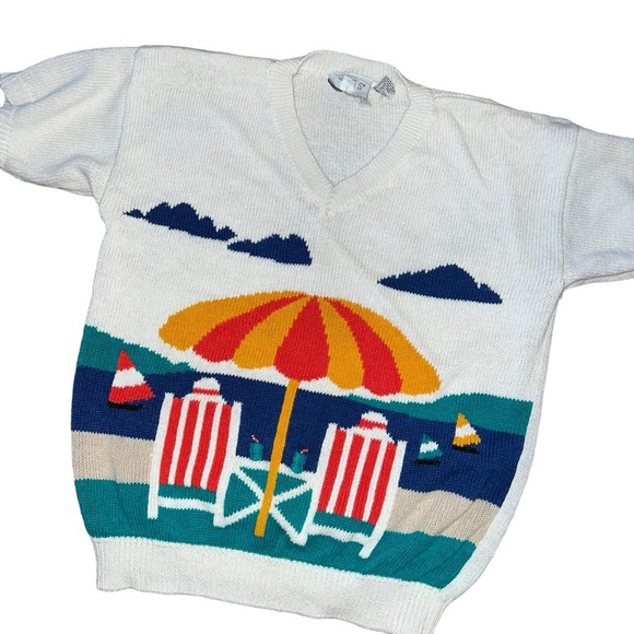 80’s Russ Studio Beach Knitted Short Sleeve Sweater Size Small - Picture 2 of 6